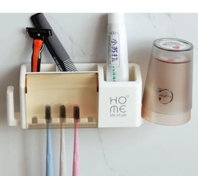 Picture of Wall Mounted Adhesive Pen Holder & Toothbrush Dispenser | Multi-Function Bathroom & Office Storage Organizer | Drill-Free Self-Adhesive Storage Rack - Multicolor
