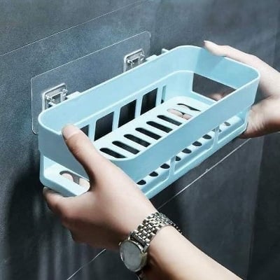 Picture of Wall Hanging Plastic Storage Shelf | Multi-Purpose Kitchen & Bathroom Organizer Rack | Drill-Free Wall Mounted Storage Basket