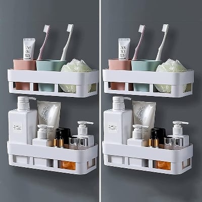 Picture of Wall Hanging Plastic Storage Shelf | Multi-Purpose Kitchen & Bathroom Organizer Rack | Drill-Free Wall Mounted Storage Basket