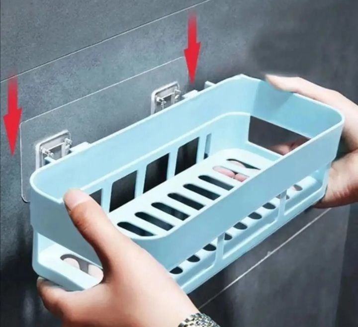 Picture of Wall Hanging Plastic Storage Shelf | Multi-Purpose Kitchen & Bathroom Organizer Rack | Drill-Free Wall Mounted Storage Basket