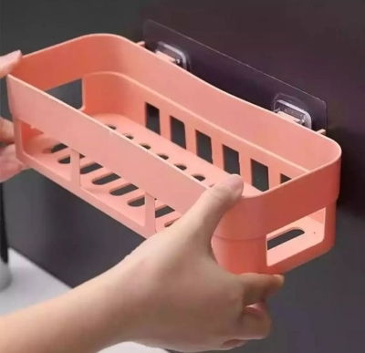 Picture of Wall Hanging Plastic Storage Shelf | Multi-Purpose Kitchen & Bathroom Organizer Rack | Drill-Free Wall Mounted Storage Basket