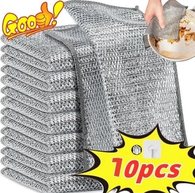 Picture of 10 Pcs Magic Cleaning Cloth Set | Single-Sided Steel Wire Dishwashing Rags | Multi-Purpose Kitchen Cleaning Cloth for Pots, Plates & Utensils - Silver