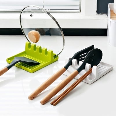 Picture of Plastic Spoon Rest Holder with 4 Slots | Kitchen Utensil Organizer Stand | Heat Resistant Cooking Spoon & Ladle Holder for Kitchen Counter (12.7×14.3×5cm) - Multicolor
