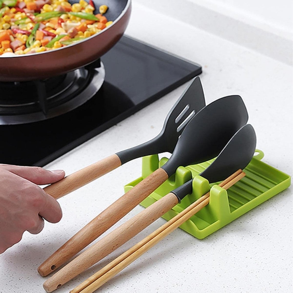 Picture of Plastic Spoon Rest Holder with 4 Slots | Kitchen Utensil Organizer Stand | Heat Resistant Cooking Spoon & Ladle Holder for Kitchen Counter (12.7×14.3×5cm) - Multicolor
