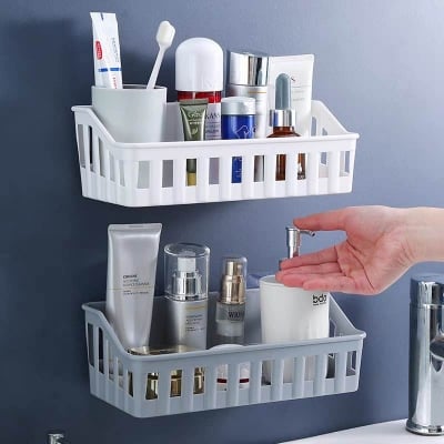 Picture of Double Sticker Bathroom Storage Rack | Punch-Free Wall Mounted Kitchen & Bathroom Organizer | Light Luxury Hanging Storage Box (Patti Design-Multicolour) - Multicolor