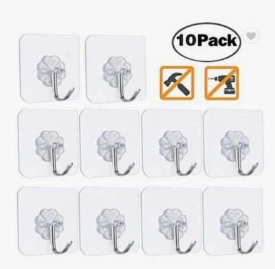 Picture of 10 Pcs Transparent Self Adhesive Wall Hooks | Bathroom & Kitchen Door Wall Hanger | Strong Sticky Punch-Free Hanging Hooks (Transparent) - CLEAR