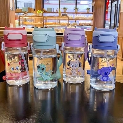 Picture of 550ml Cute Cartoon Anime Straw Water Bottle for Kids – Portable Leak-Proof Drinking Cup with Straw – School, Travel & Home Use (Multi Design) - Multicolor