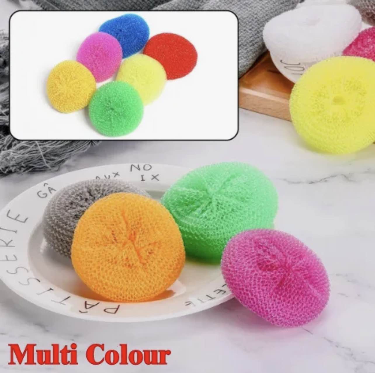 Picture of 4 Pcs Plastic Scrubber Dish Washing Sponge – Heavy Duty Scourer Pad for Kitchen Cleaning – Bowl, Plate & Utensil Cleaning Scrub Pad Set - Multicolor