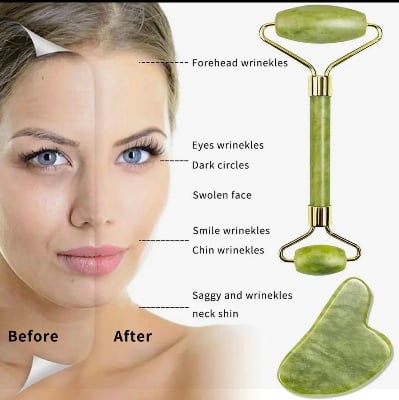 Picture of 2PCS Jade Roller & Gua Sha Set – Natural Resin Facial Massage Roller and Scraping Board for Face, Neck & Body Skin Care - Multicolor
