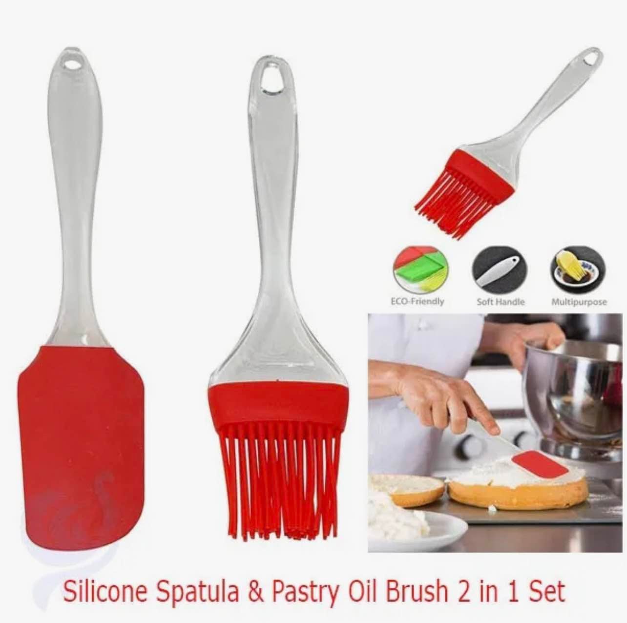 Picture of 2 PCS Silicone Spoon & Oil Brush Set – Non-Stick Heat Resistant Cooking & Baking Tools for Kitchen (Multicolour) - Multicolor