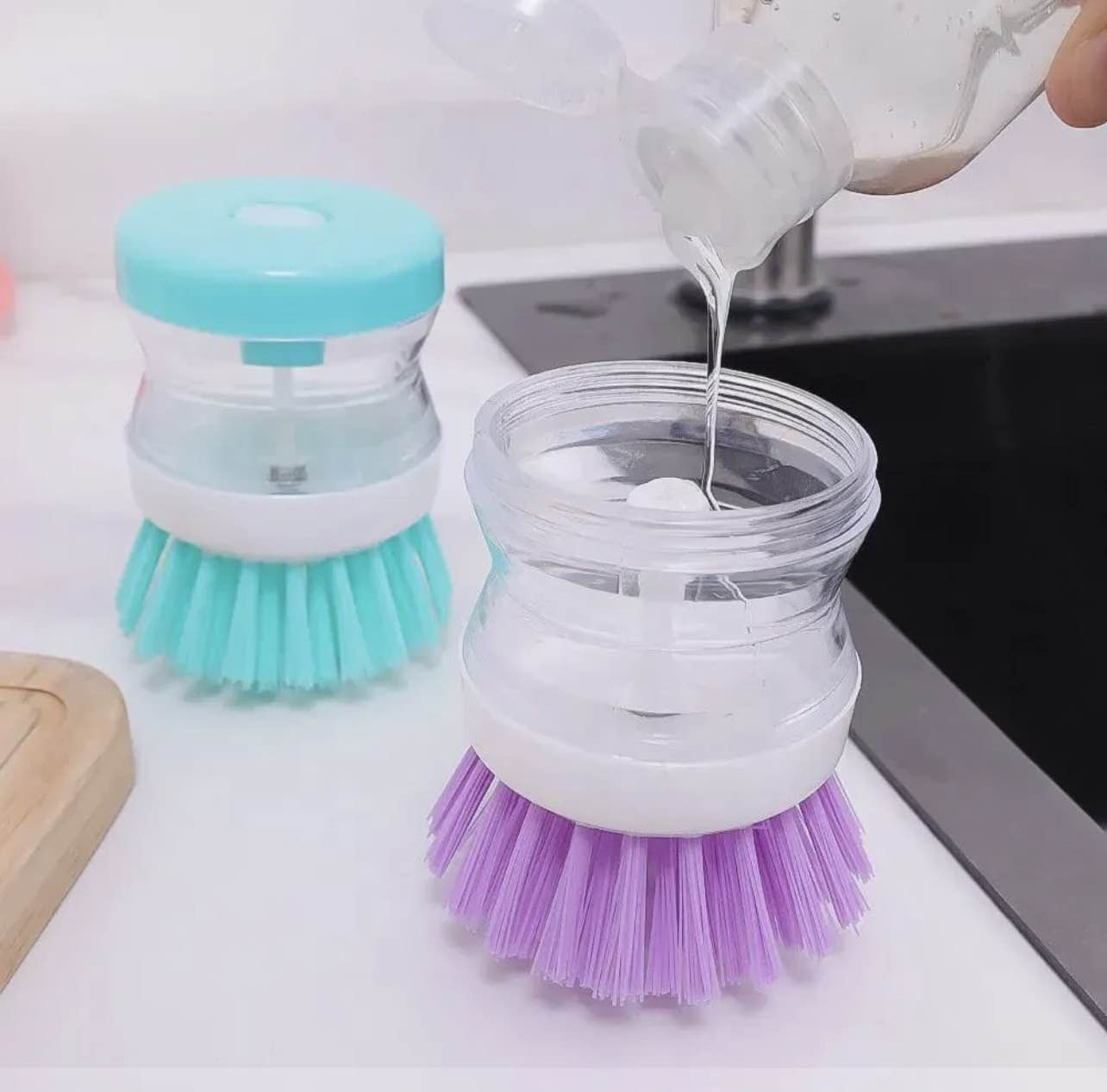 Picture of Kitchen Dish Soap Dispenser Brush – Creative Liquid Dispense Washing Cleaning Brush for Plates, Pots & Kitchen Use (Multicolor) - Not Specified
