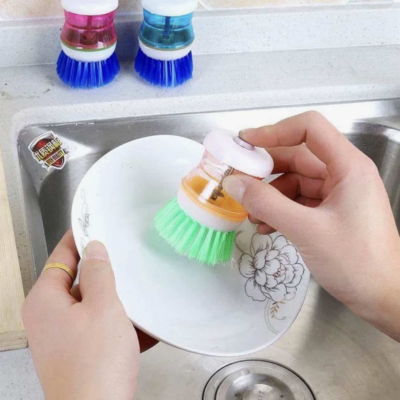Picture of Kitchen Dish Soap Dispenser Brush – Creative Liquid Dispense Washing Cleaning Brush for Plates, Pots & Kitchen Use (Multicolor) - Not Specified