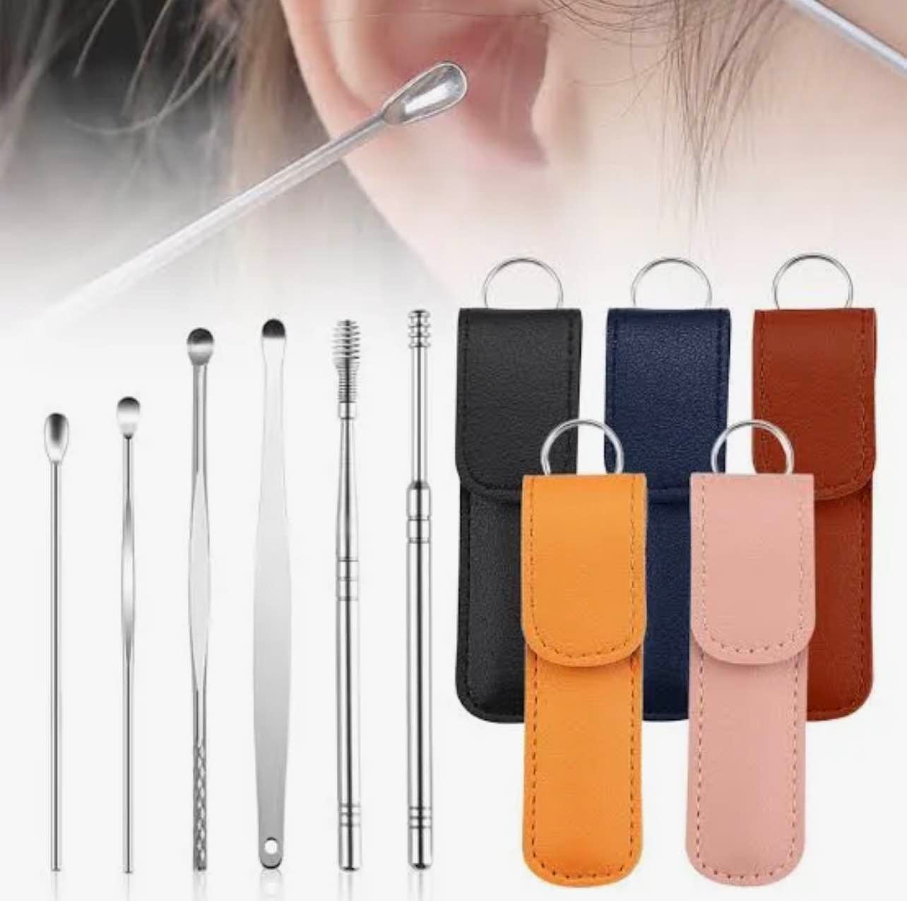 Picture of 6 Pcs Stainless Steel Ear Cleaner Set | Professional Ear Pick Cleaning Kit with Leather Storage Case | Reusable Ear Wax Removal Tools (Multicolour) - Multicolor