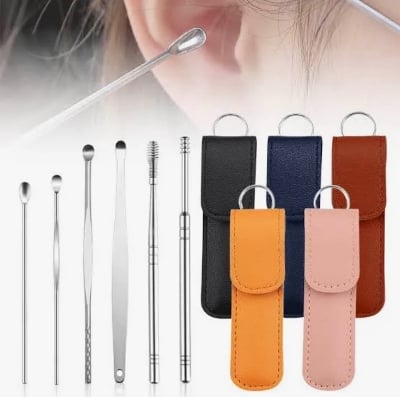 Picture of 6 Pcs Stainless Steel Ear Cleaner Set | Professional Ear Pick Cleaning Kit with Leather Storage Case | Reusable Ear Wax Removal Tools (Multicolour) - Multicolor