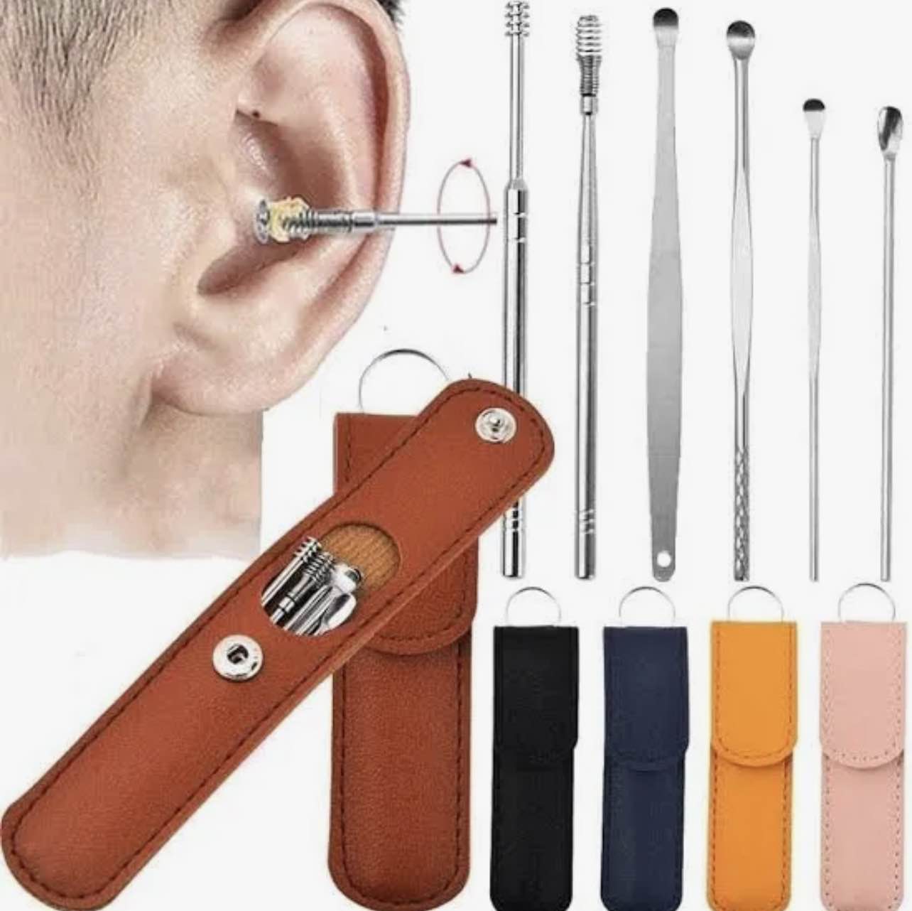 Picture of 6 Pcs Stainless Steel Ear Cleaner Set | Professional Ear Pick Cleaning Kit with Leather Storage Case | Reusable Ear Wax Removal Tools (Multicolour) - Multicolor