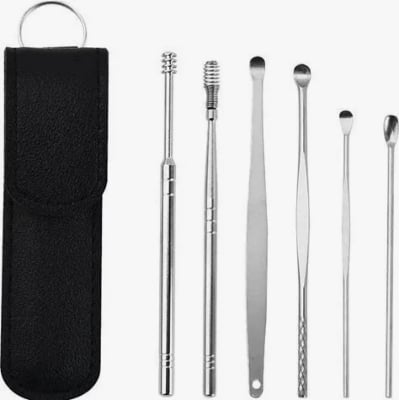 Picture of 6 Pcs Stainless Steel Ear Cleaner Set | Professional Ear Pick Cleaning Kit with Leather Storage Case | Reusable Ear Wax Removal Tools (Multicolour) - Multicolor