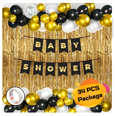 Picture of Baby Shower Golden Black Combo Set– Metallic Balloons, Card Banner, Backdrop Curtain With Both Side Tape for Party Decoration Full Package- (Pack of 34 Pcs)
