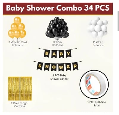 Picture of Baby Shower Golden Black Combo Set– Metallic Balloons, Card Banner, Backdrop Curtain With Both Side Tape for Party Decoration Full Package- (Pack of 34 Pcs)