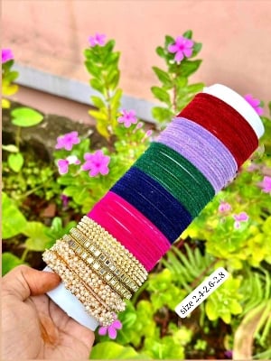 Picture of 1 Box Indian Metal Velvet Churi For Girls-(Gift Package)6 Doson Colorful Churi & Metal Churi Set Combo - Multicolor