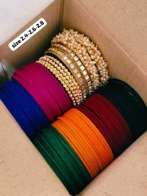 Picture of 1 Box Indian Metal Velvet Churi For Girls-(Gift Package)6 Doson Colorful Churi & Metal Churi Set Combo - Multicolor