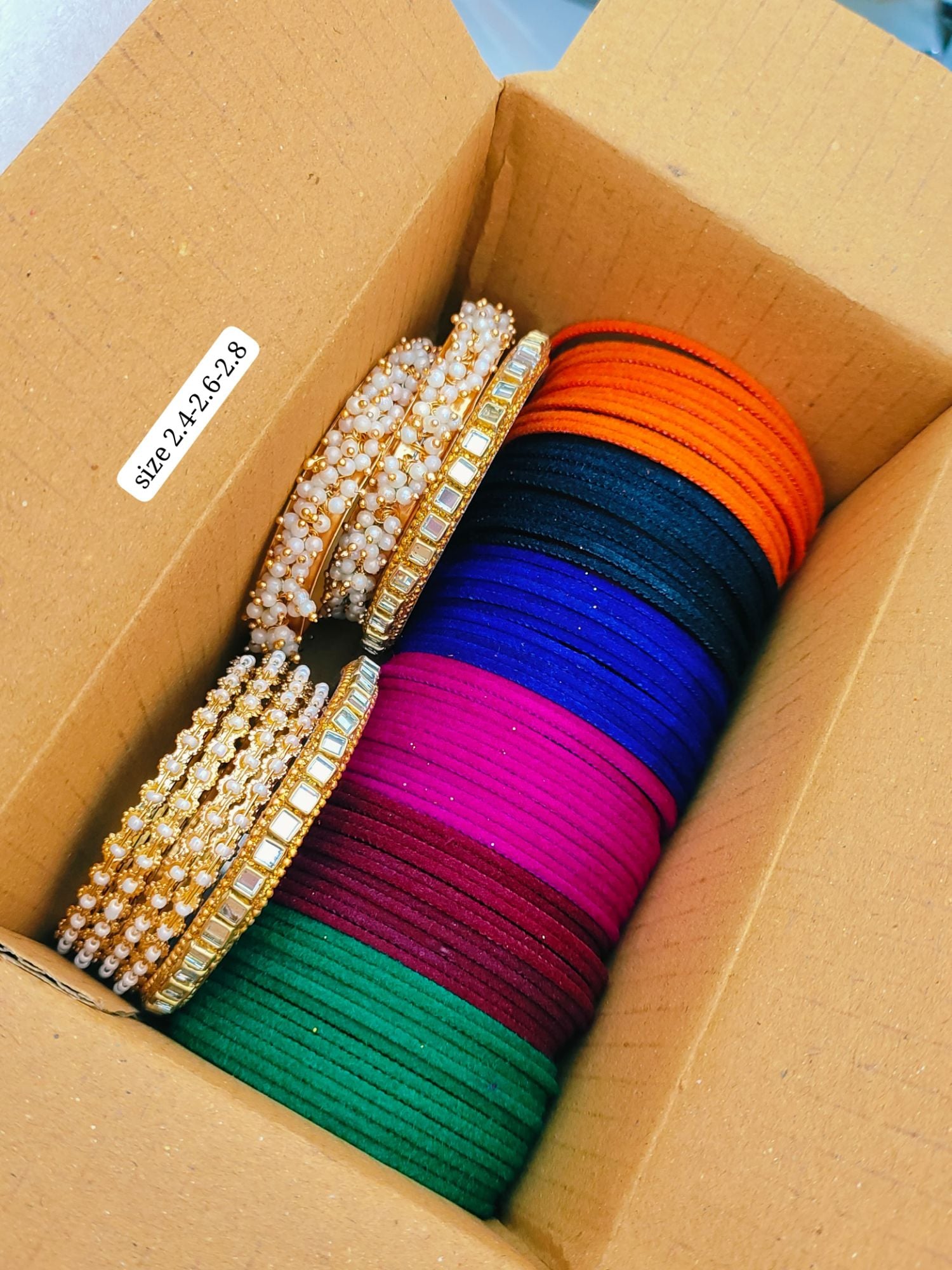 Picture of 1 Box Indian Metal Velvet Churi For Girls-(Gift Package)6 Doson Colorful Churi & Metal Churi Set Combo - Multicolor