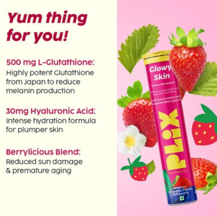 Picture of PLIX THE PLANT FIX Glutathione Tablets
With Vitamin C For Clear And Youthful
Skin (Pack Of 1, Strawberry) | 15 Collagen
Supplements 1500mg L-Glutathione, Vitamin E And Hyaluronic Acid - Others