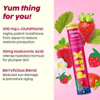 Picture of PLIX THE PLANT FIX Glutathione Tablets
With Vitamin C For Clear And Youthful
Skin (Pack Of 1, Strawberry) | 15 Collagen
Supplements 1500mg L-Glutathione, Vitamin E And Hyaluronic Acid - Others