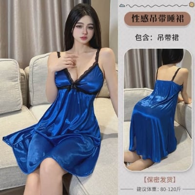 Picture of Luxury Silk Satin Nightwear | Deep V-Neck Lace Trim Cami Nightdress | Elegant Sleepwear Slip Dress for Women - Free Size