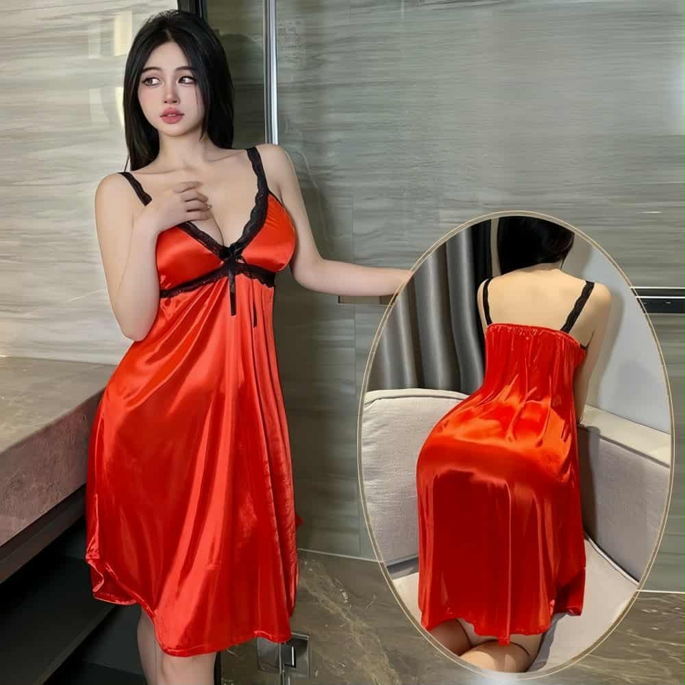 Picture of Luxury Silk Satin Nightwear | Deep V-Neck Lace Trim Cami Nightdress | Elegant Sleepwear Slip Dress for Women - Free Size