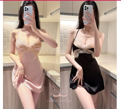 Picture of Luxurious Silk Satin Lace Patchwork Cami Nightdress | Elegant V-Neck Slip Nightgown for Women | Soft & S*exy Sleepwear - Free Size