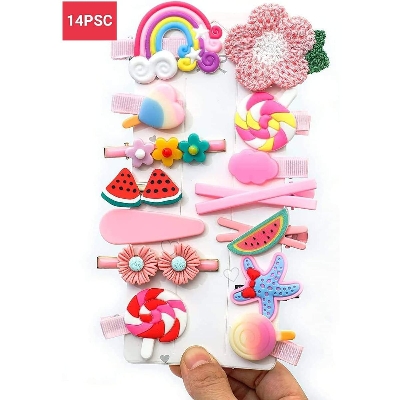 Picture of Girls Cute Cartoon Fruit Hair Clips Pink Card 14psc - Multicolor