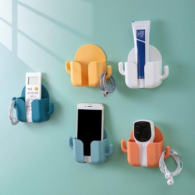 Picture of Wall Mount Phone Holder Storage Box Remote Control Mobile Phone Charging Plug Wall Holder - Multicolor