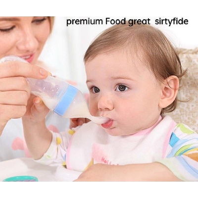 Picture of 60ml Silicone Feeding Bottle with Spoon for Infant Baby Newborn Toddler Food Rice Cereal Feeder Bottles - Blue