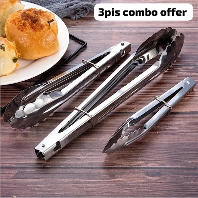 Picture of 3-Piece Set Stainless Steel BBQ Kitchen Cooking and Food Serving Utensil Tongs - Silver