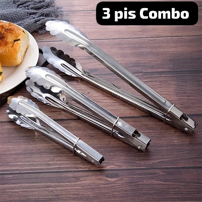 Picture of 3-Piece Set Stainless Steel BBQ Kitchen Cooking and Food Serving Utensil Tongs - Silver