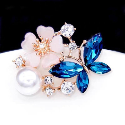 Picture of Durable Rose Gold and Blue Butterfly and Flower Decor Brooch Pin - Multicolor