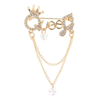 Picture of Cute Tassel Letter Queen Brooch Women Men Rhinestones Crystal English Alphabet Crown Musical Note Metal Brooches Jewelry Accessories - Gold