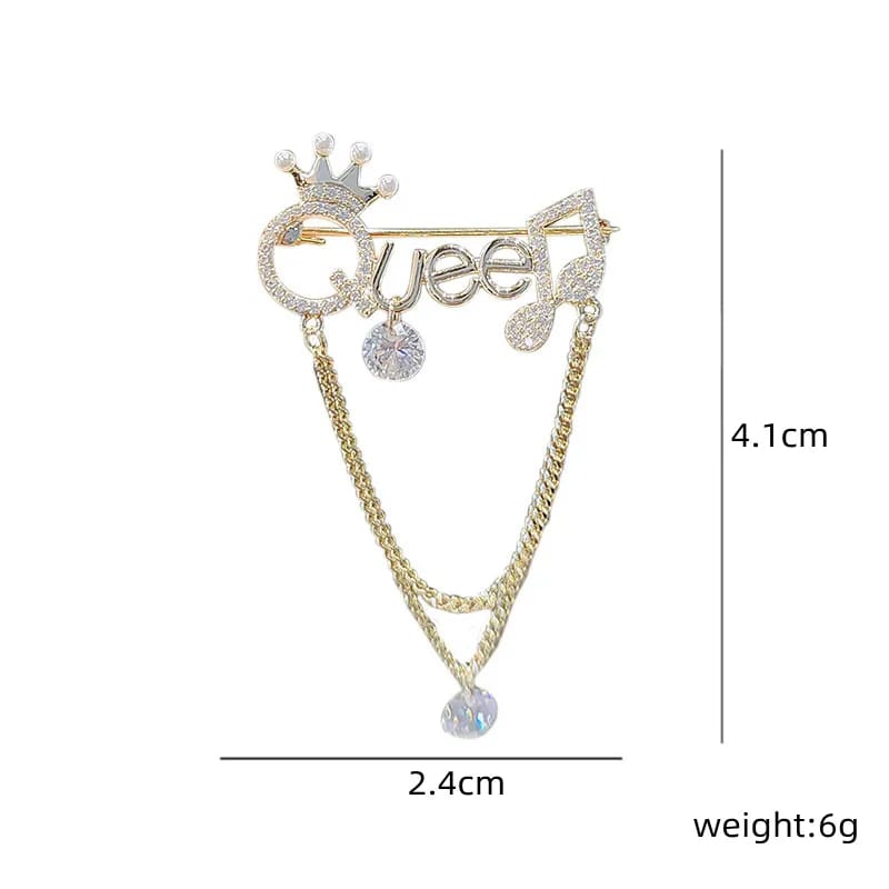 Picture of Cute Tassel Letter Queen Brooch Women Men Rhinestones Crystal English Alphabet Crown Musical Note Metal Brooches Jewelry Accessories - Gold