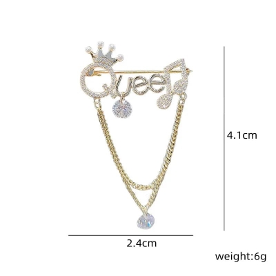Picture of Cute Tassel Letter Queen Brooch Women Men Rhinestones Crystal English Alphabet Crown Musical Note Metal Brooches Jewelry Accessories - Gold