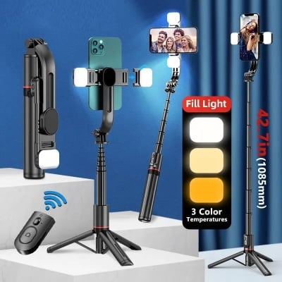 Picture of Enhanced Selfie Experience with L13D: Wireless Bluetooth Selfie Stick, 116cm Extended Tripod, Dual Fill Lights, and Remote Shutter for Live Broadcasting - Multicolor