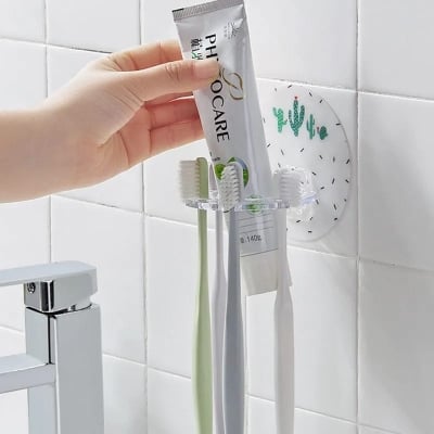 Picture of 1PC Convenient Plastic Bathroom Organizer: Toothbrush Holder, Toothpaste Rack, Razor Dispenser - All-in-One Bathroom Storage Solution - Multicolor