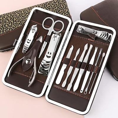 Picture of Complete Nail Care Kit - 12-Piece Pedicure Tools and Decorations for Indoor and Travel Use Machine Kit Tool - Silver