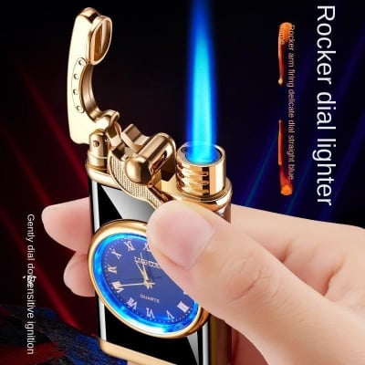 Picture of Men's Creative Lighter: Watch-Infused Metal Design with Blue Gas Flame and Tan Jet Torch - Ideal Gift for Gadget Enthusiasts - Multicolor