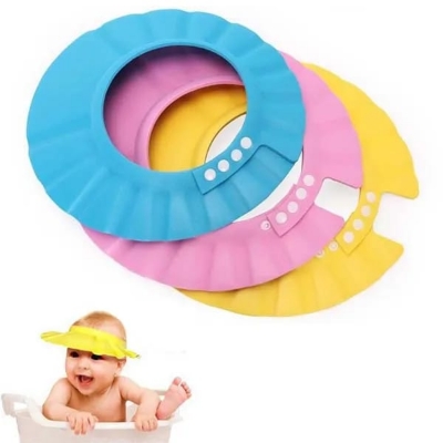 Picture of Infant Bath Shampoo Cap: Adjustable Waterproof Baby Shower Visor Hat - Protects Eyes and Ears - PVC Bathing Shield - Multicolor