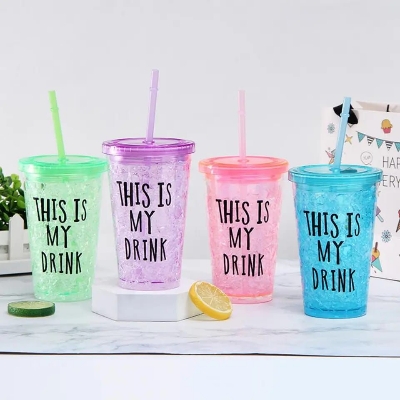 Picture of Double-layer Plastic Straw Cup with Lid Plastic - Multicolor