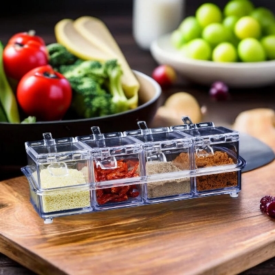 Picture of Spice Organization Made Easy - Set of 4 Clear Seasoning Boxes with Lids - Transparent Spice, Sugar, Salt Bottles - Kitchen Storage Containers with Essential Accessories - Multicolor