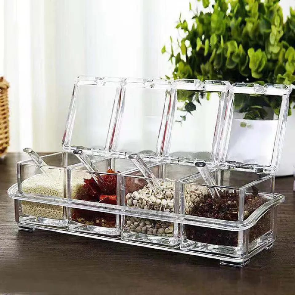 Picture of Spice Organization Made Easy - Set of 4 Clear Seasoning Boxes with Lids - Transparent Spice, Sugar, Salt Bottles - Kitchen Storage Containers with Essential Accessories - Multicolor