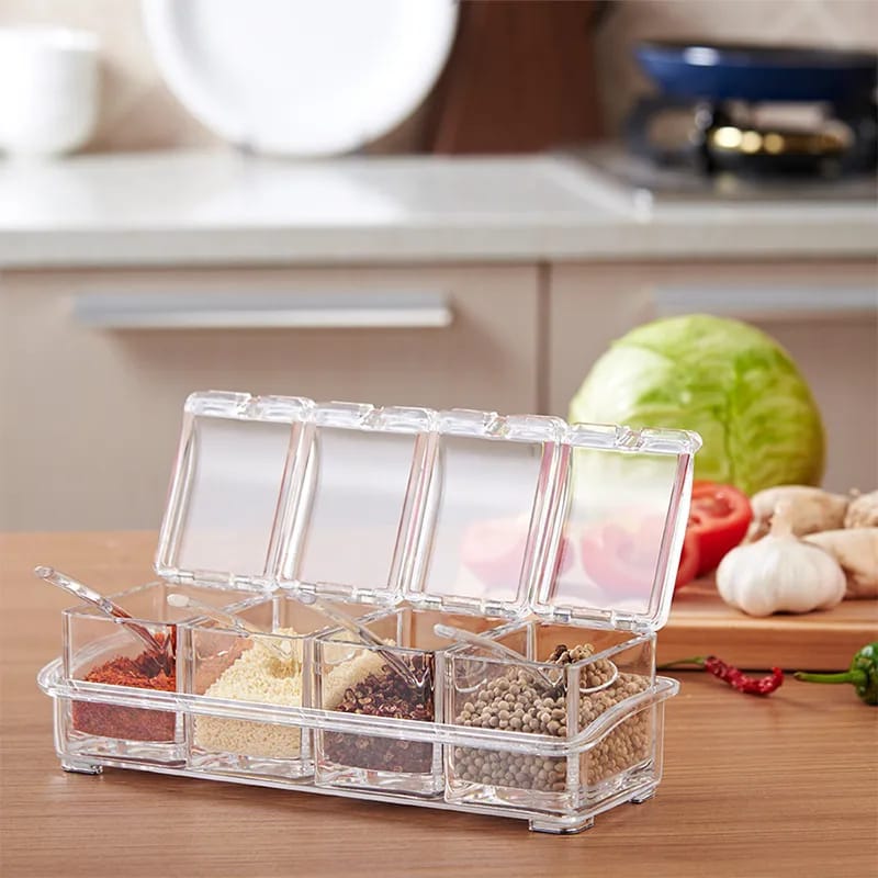 Picture of Spice Organization Made Easy - Set of 4 Clear Seasoning Boxes with Lids - Transparent Spice, Sugar, Salt Bottles - Kitchen Storage Containers with Essential Accessories - Multicolor