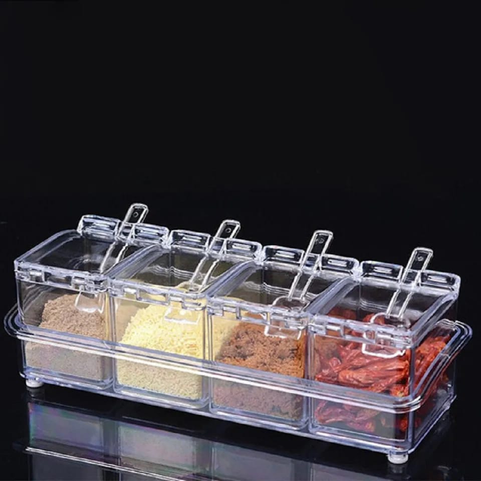 Picture of Spice Organization Made Easy - Set of 4 Clear Seasoning Boxes with Lids - Transparent Spice, Sugar, Salt Bottles - Kitchen Storage Containers with Essential Accessories - Multicolor