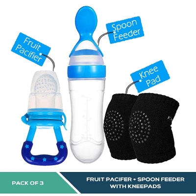 Picture of Convenient Baby Food Starter Pack: 3 Silicone Squeeze Spoons, Fruit Pacifier, Knee Pads Trio - Multicolor